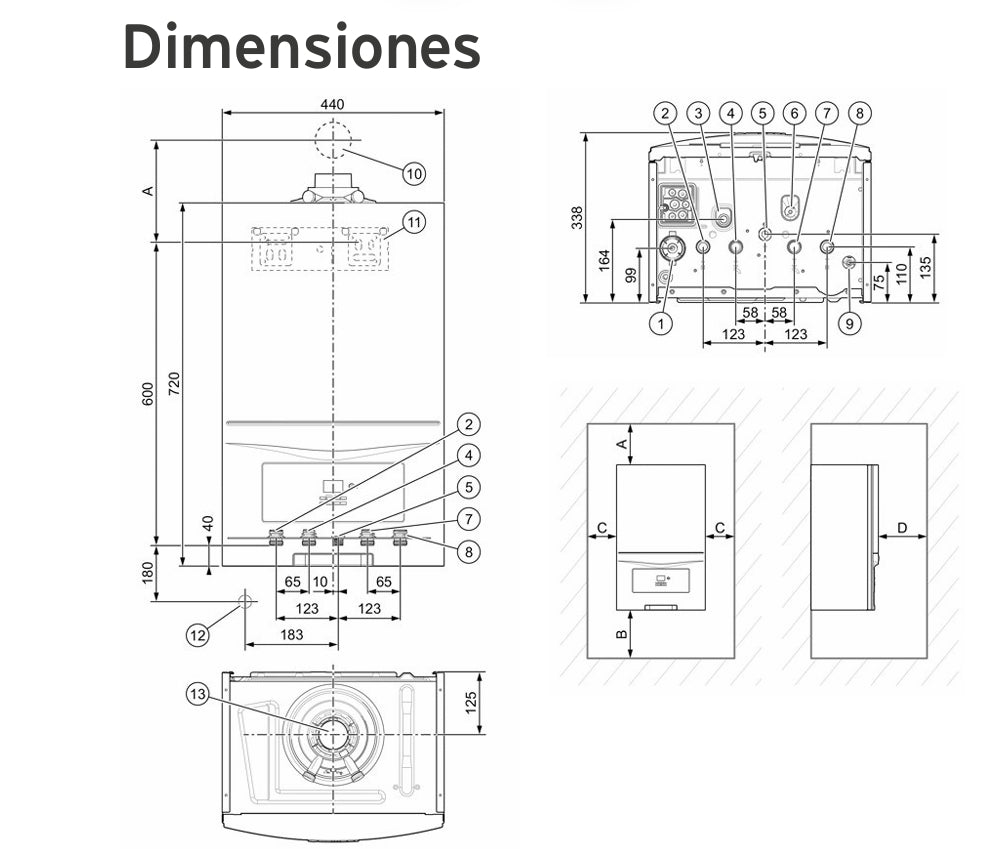 Imagen de las medidas de una Caldera Vaillant ECOTEC PURE VMW 236 - 286 7-2