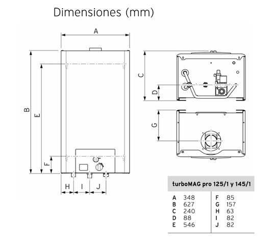 Imagen de las medidas de un Calentador Vaillant Turbomag PRO