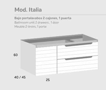 Bajo portalavabos 2 cajones, 1 puerta Mod. ITALIA en suspensión