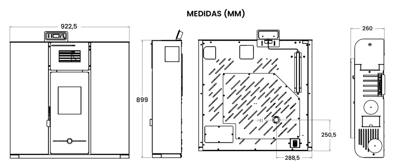 Imagen de las medidas de una Estufa de pasillo SEMA SC 10,5kW canalizable y no canalizable
