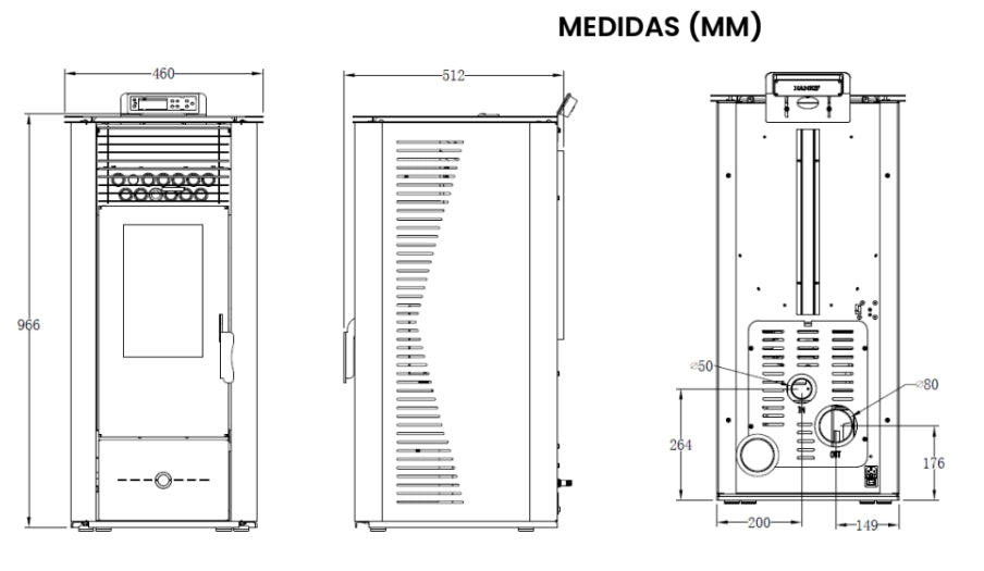 Planos de una estufa de pellets SEMA DS11 11kW canalizable y no canalizable.