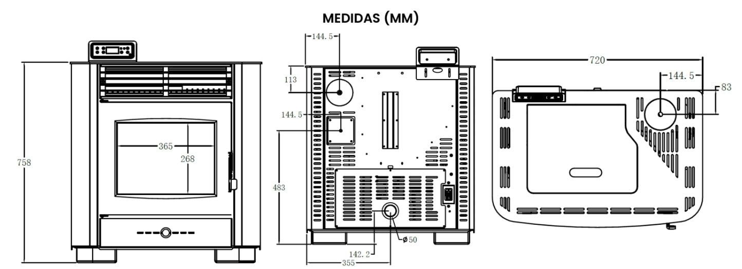 Planos de una estufa de pellets canalizable SEMA FF16C 16kW