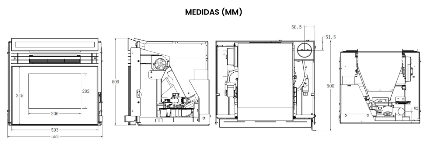 Imagen de las medidas de una Estufa de pellets insertable SEMA Insert Mini 10kW