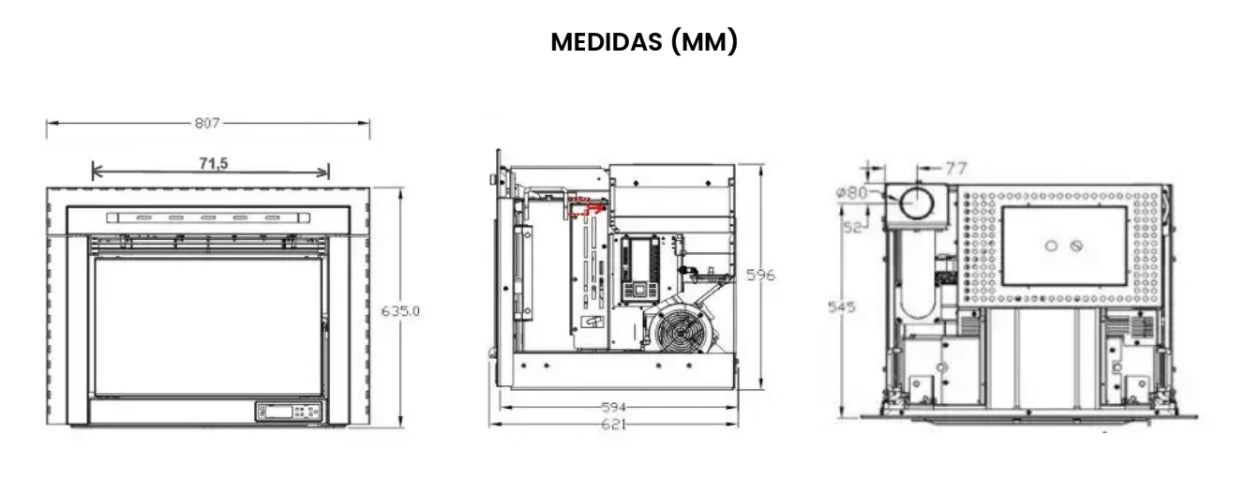 Imagen de las medidas de una Estufa de pellets insertable canalizable SEMA i12 | 12kW