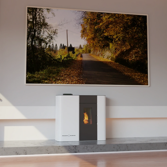 Imagen de una Hidroestufa de pellets SEMA HS15 | HS18 | HS22 de lado en un fondo