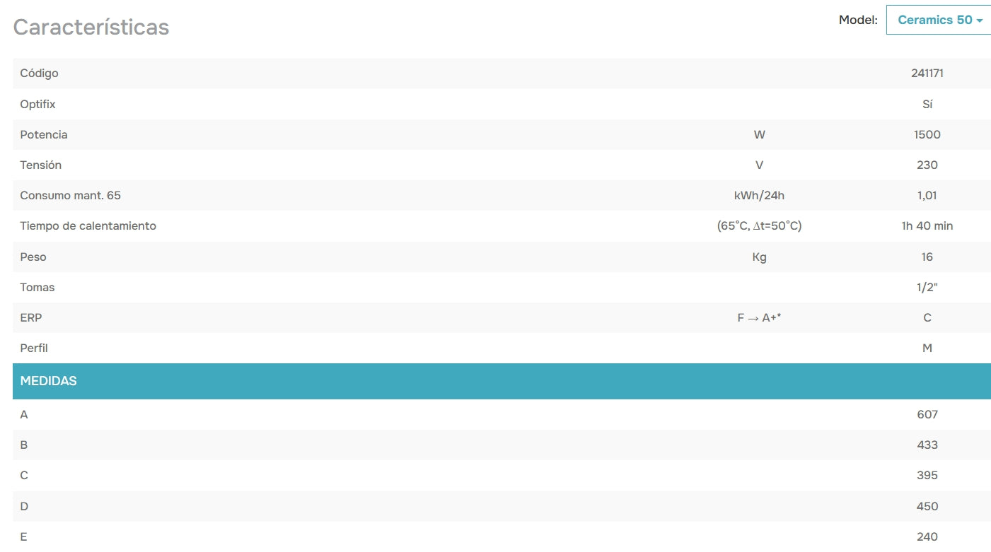 Ficha Técnica de un Termo Thermor Premium Ceramics Pro de 50 L