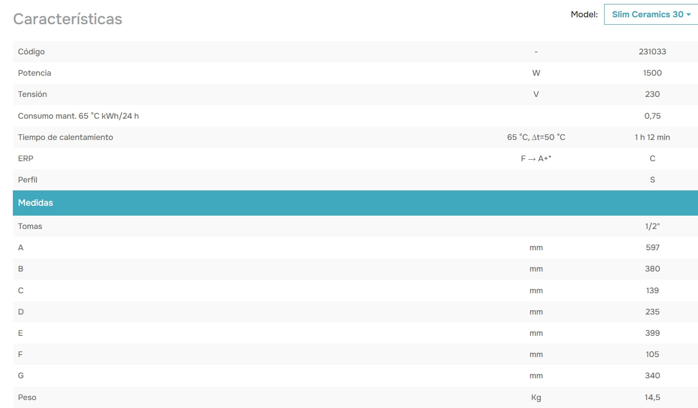 Ficha Técnica de un Termo Thermor Premium Ceramics Slim de 30 L