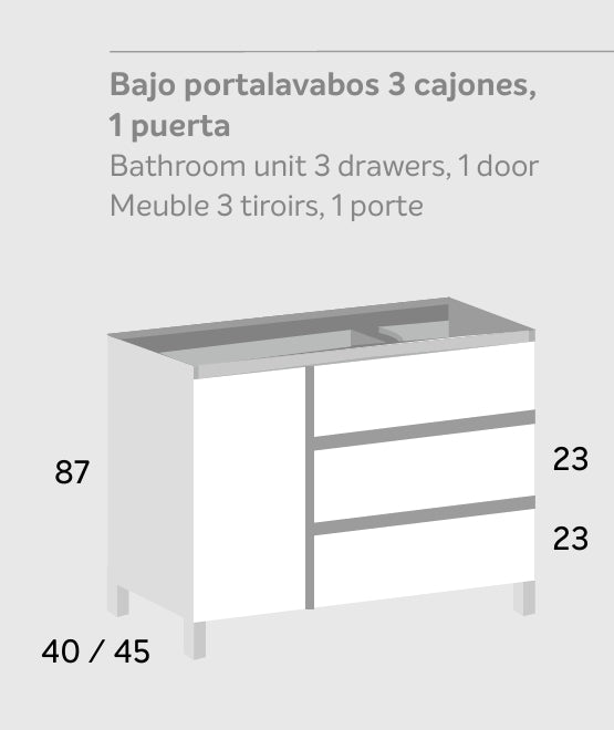 Bajo portalavabos 3 cajones,  1 puerta Mod. MILÁN