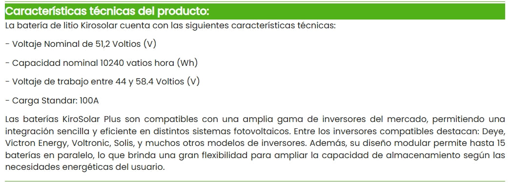 Batería de Litio Kirosolar Plus48 10.240W