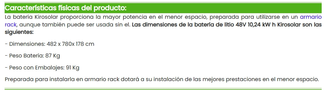 Batería de Litio Kirosolar Plus48 10.240W