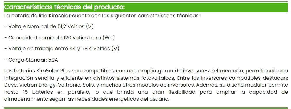 Batería de Litio Kirosolar Plus48+ 5120W