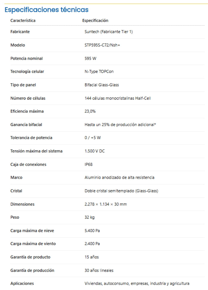 Panel Solar Bifacial 595W N-Type TOPCon