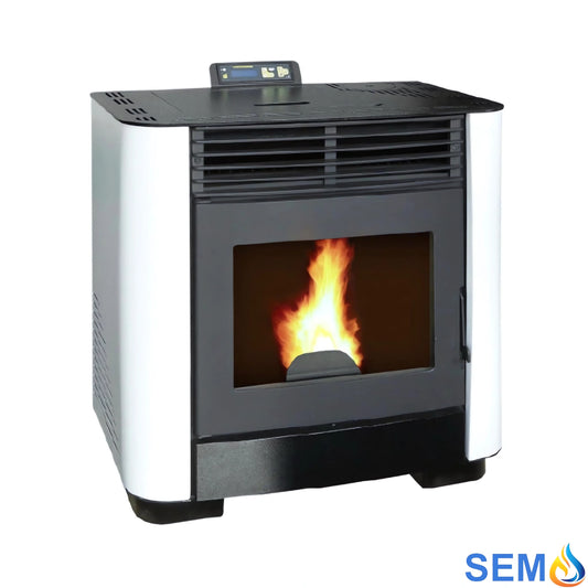 Imagen de una estufa de pellets canalizable SEMA FF16C 16kW de color blanco