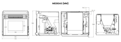 Imagen de las medidas de una Estufa de pellets insertable SEMA Insert Mini 10kW