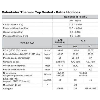 Calentador Thermor TOP SEALED 11L (Gas Natural o Butano)